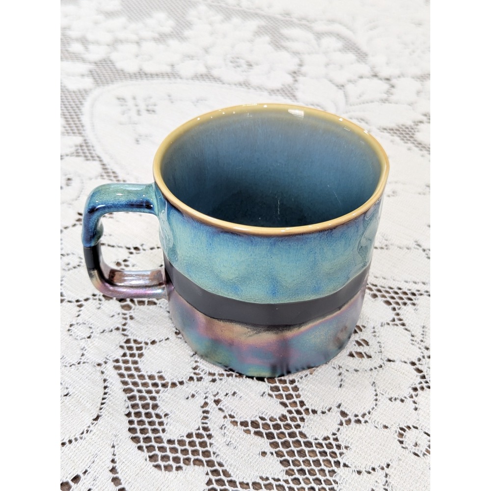Vintage Coffee Mug Teal Blue Iridescent Studio Pottery Square Handle - Picture 5 of 14